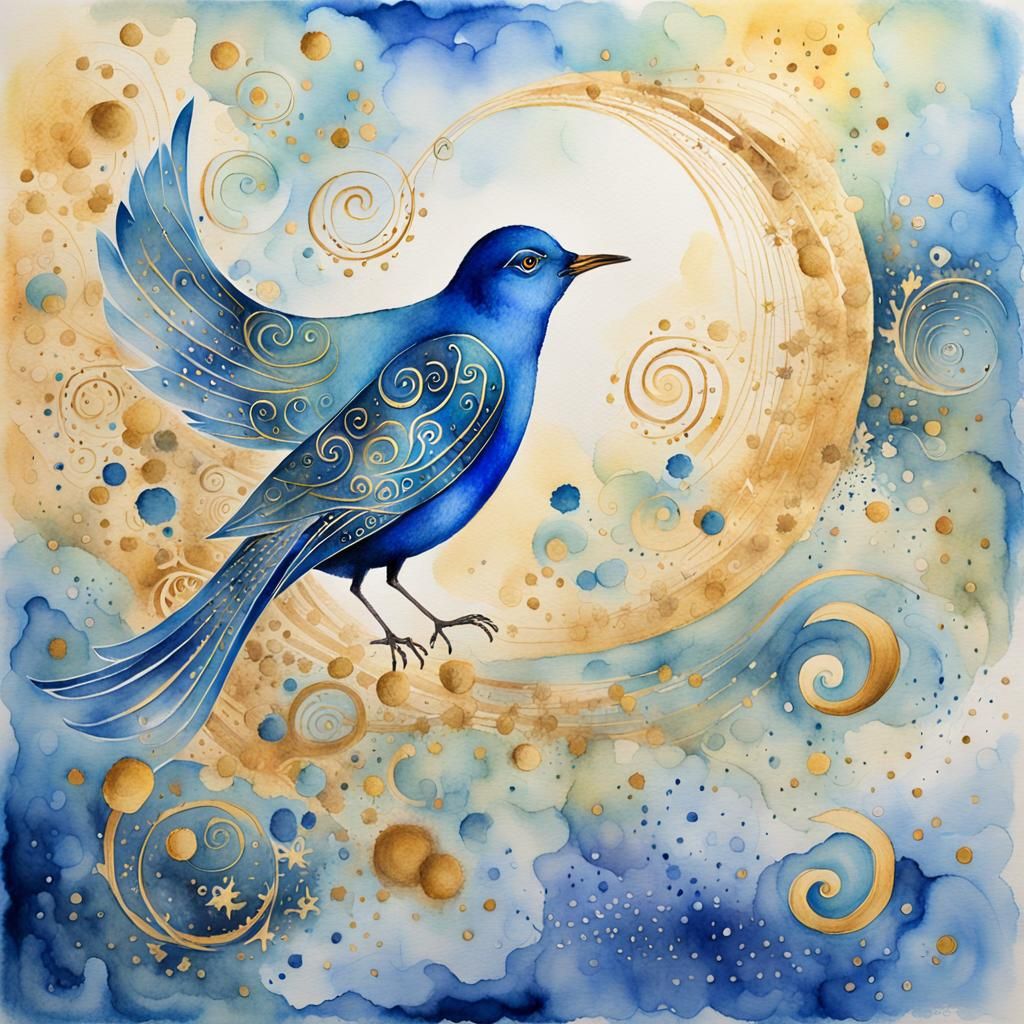 Surreal Singing Bird in Watercolor Dreamscape