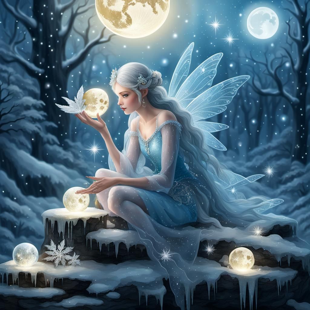 Magical Ice Fairy with Moonlit Backdrop