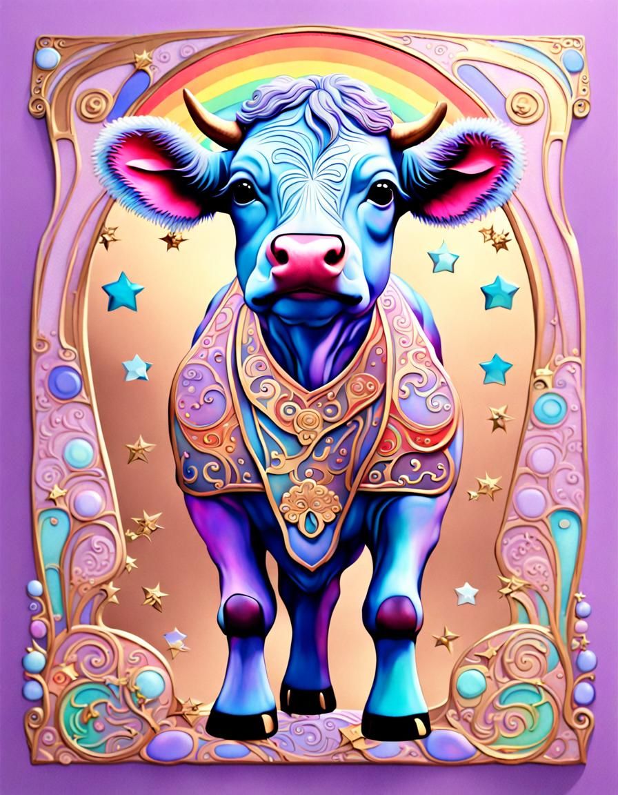 Cute Pink Baby Cow in Klimt Style