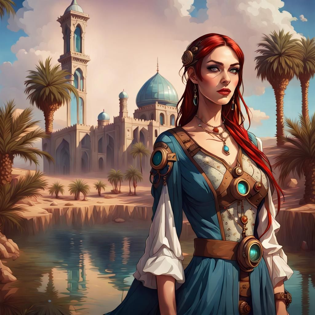 Beautiful woman in a steampunk Arab dress in the desert in an arabic steampunk fantasy world