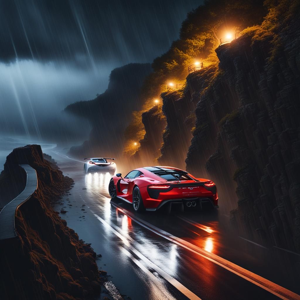 Cars Racing on a Rainy Cliffside Road