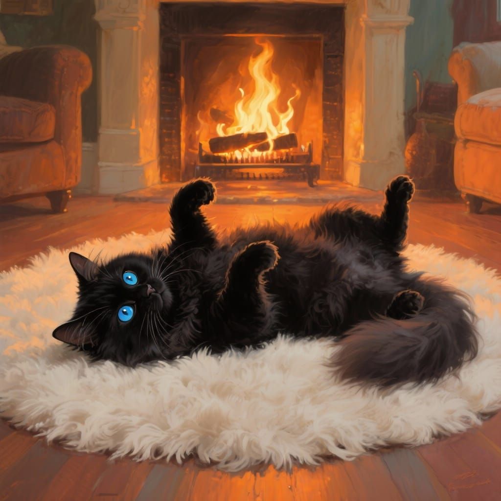 Luxurious Black Persian Cat by Fireplace