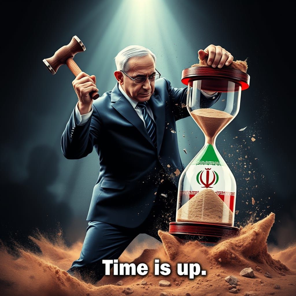 Netanyahu Smashes Iranian Flag Hourglass in Dystopian Art