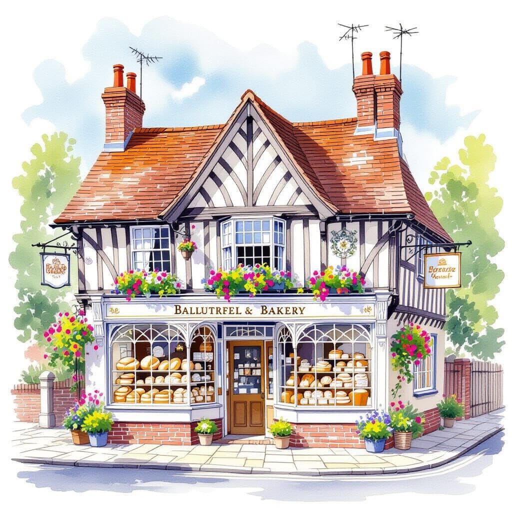 Ornate Watercolour Bakery in English Countryside