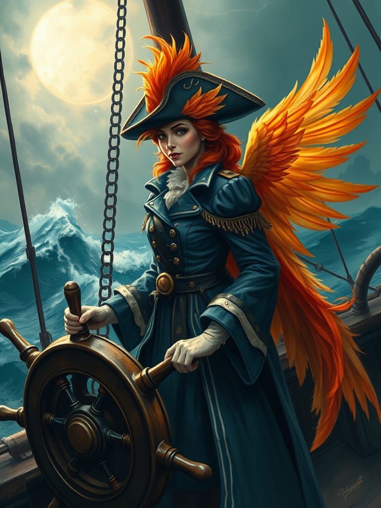 Phoenix Captain Sails Stormy Seas in Painterly Style