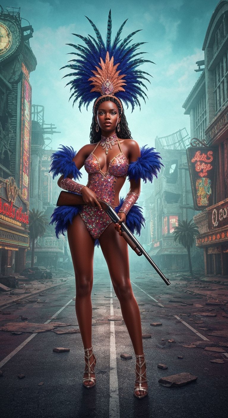 Showgirl with Shotgun in Ruined Las Vegas, Matte Painting