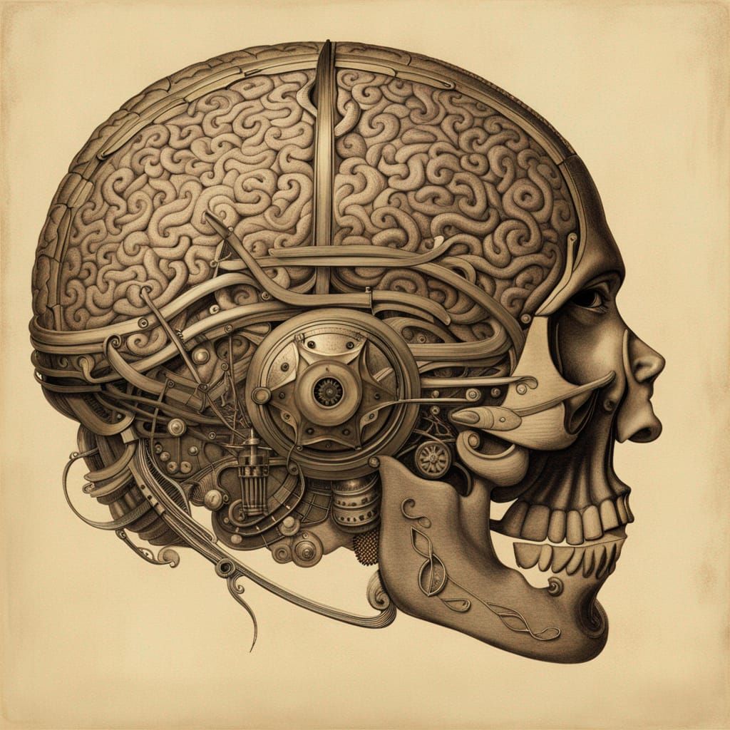 Cyborg Brain: Sepia Pencil Sketch in Academic Style