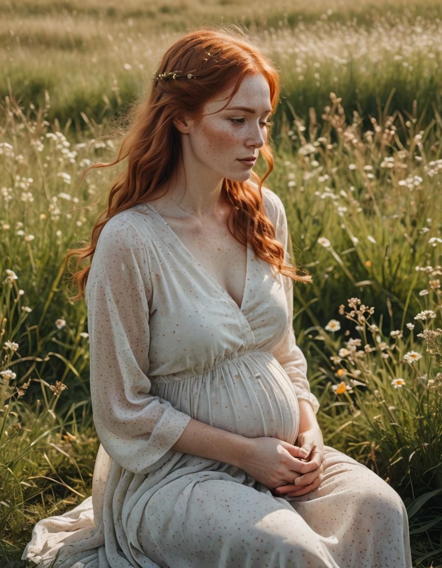 Pregnant Woman with Red Hair in Summer Meadow
