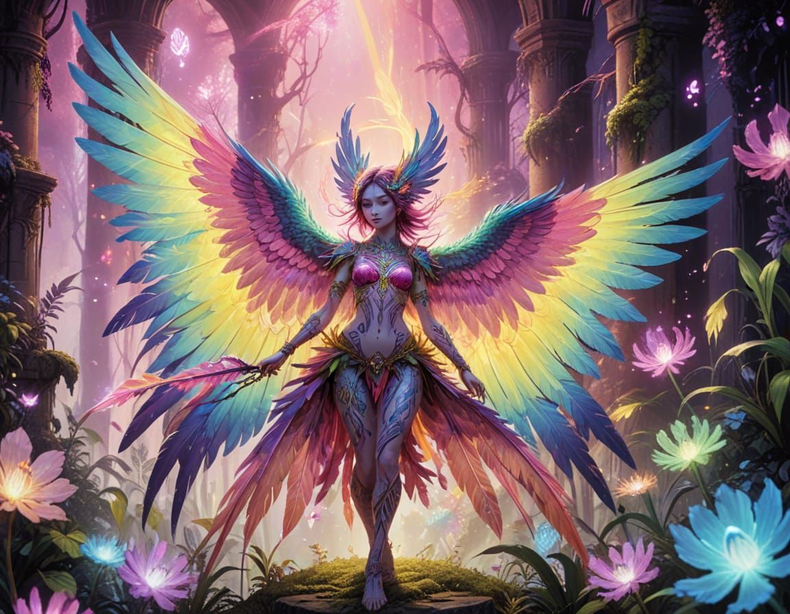 Ethereal Harpy in Vibrant 80s Anime-Inspired Art