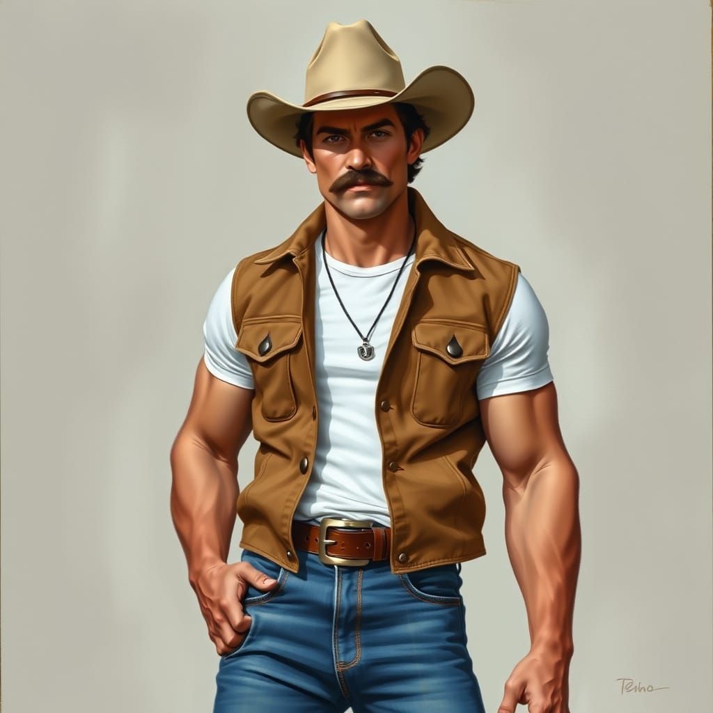 Handsome Cowboy with Tom Selleck Mustache, Gouache Painting