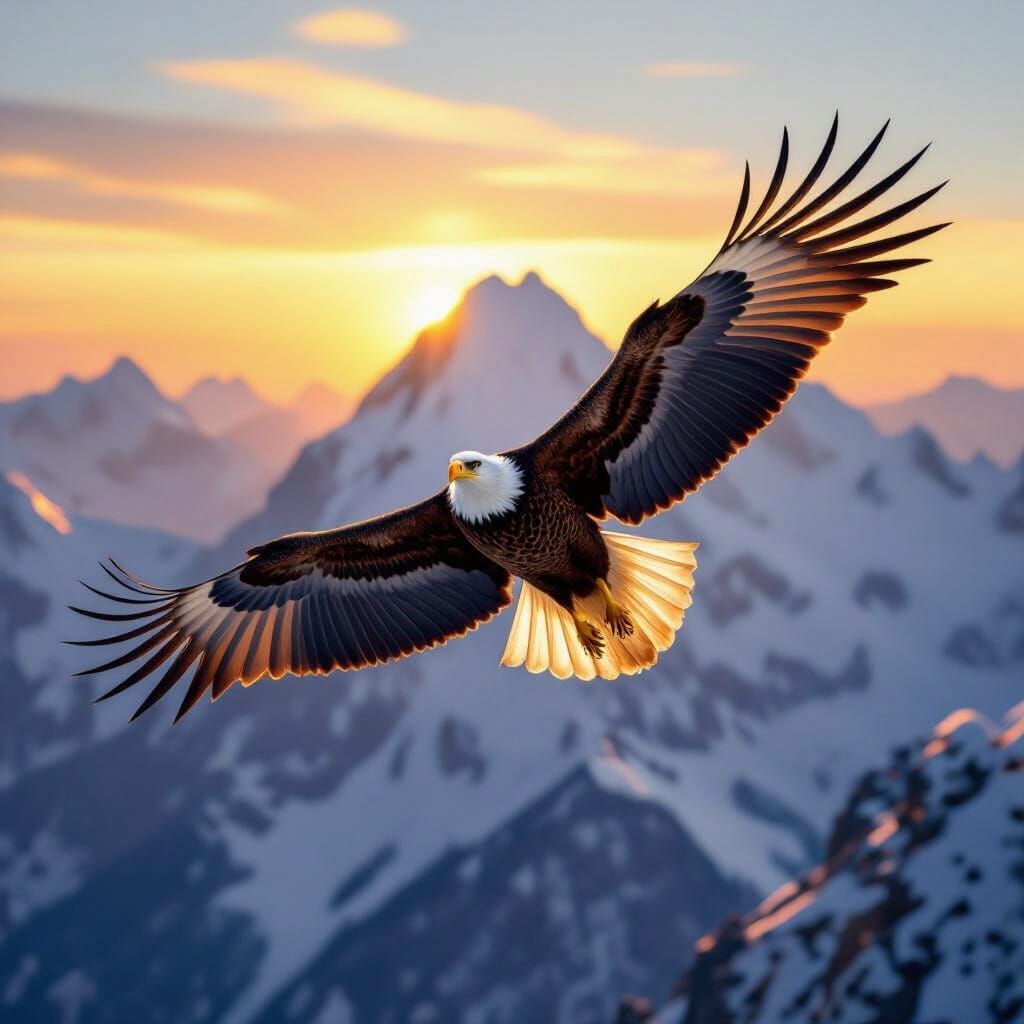 Golden Eagle Soars Over Snowy Mountains at Sunrise