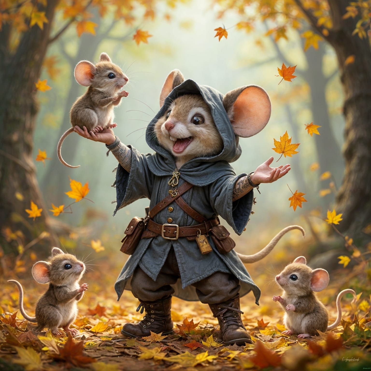 Anthropomorphic Mouse Family in Autumn Forest