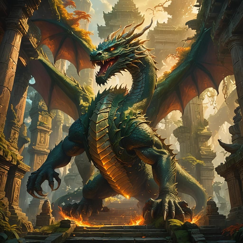 Fiery Dragon Soaring Through Ancient Temple
