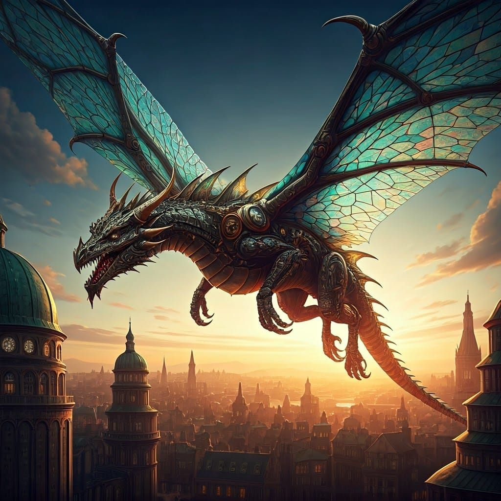 Steampunk Dragon Soaring Over Clockwork Metropolis