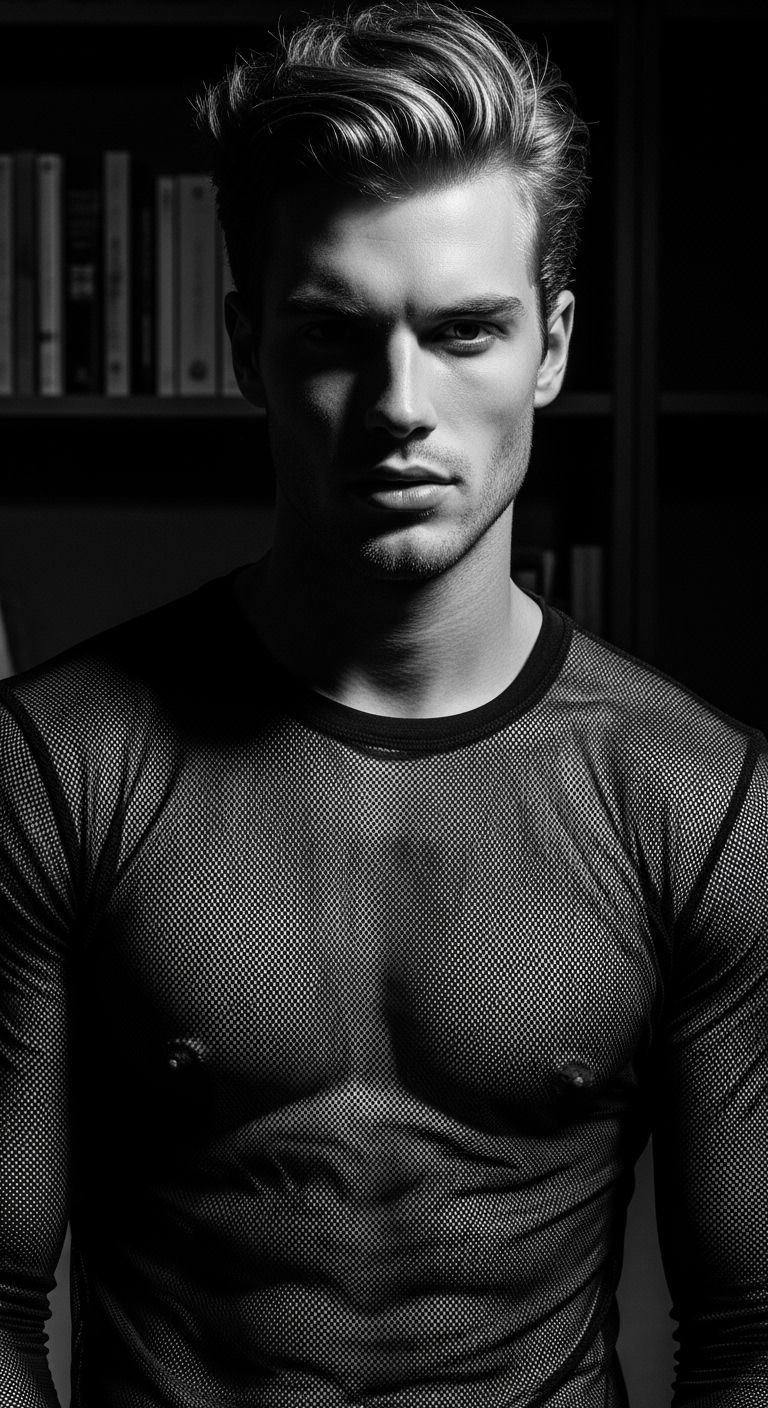 Striking Man in Mesh Shirt with Dramatic Lighting