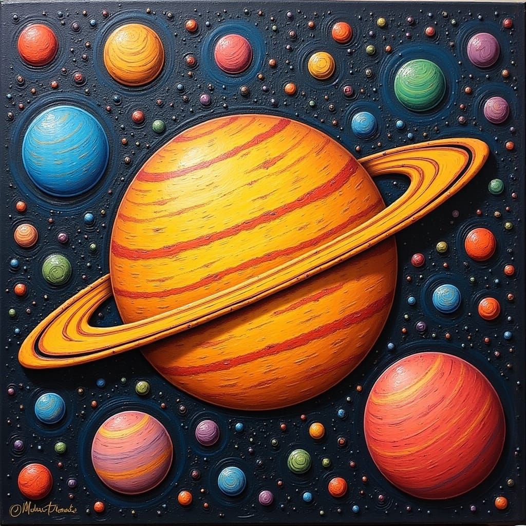 Whimsical Planets in Outer Space Oil Painting