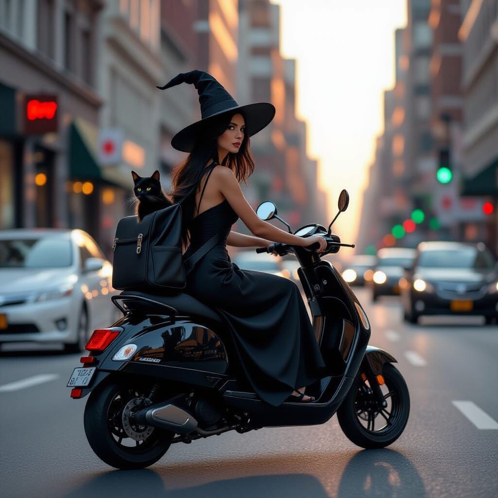 Modern Witch Rides Electric Scooter Through Busy City Street