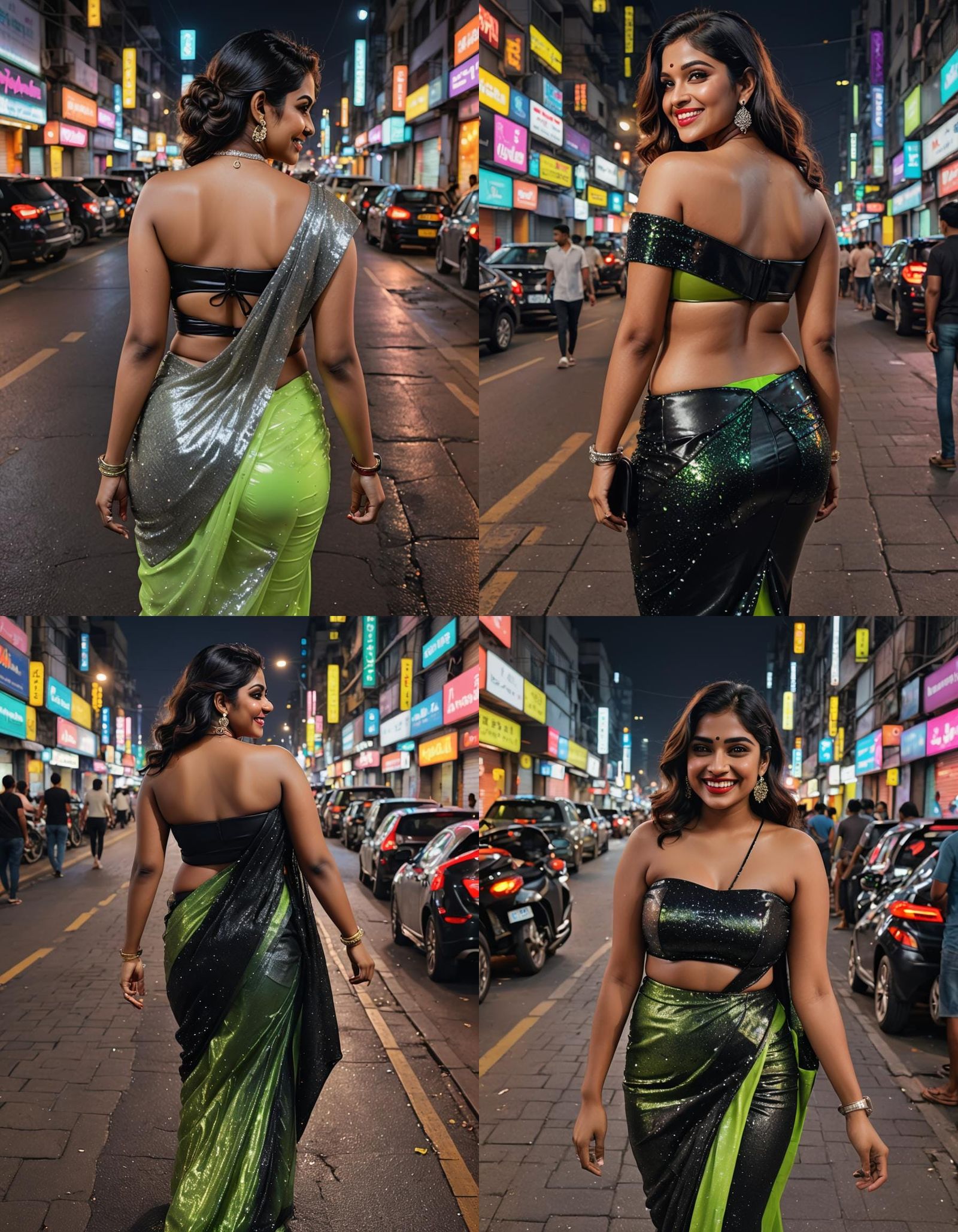 Curvy Woman in Neon City with Glittering Saree