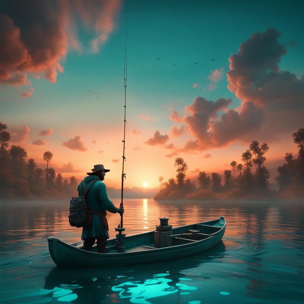 Sunset Fishing: Detailed Matte Painting in Teal
