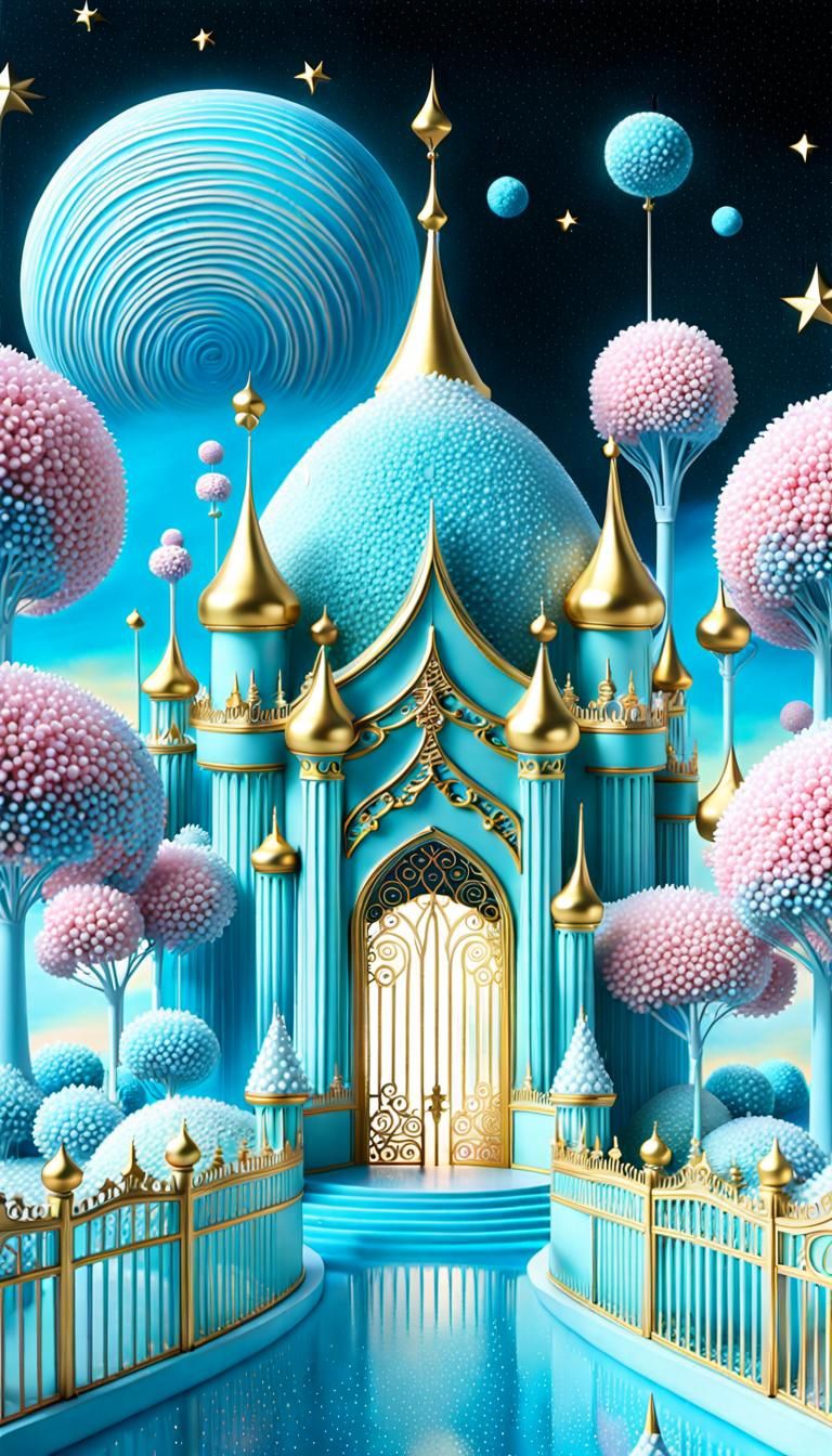 Pale blue pastel breathtaking beautiful surreal Space candy palace with many cute adorable little candy covered alien's ...