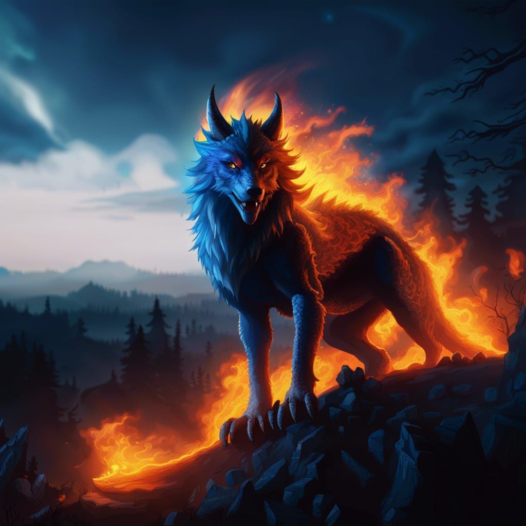 Blue Fire Wolf and Dragon in Dark Forest