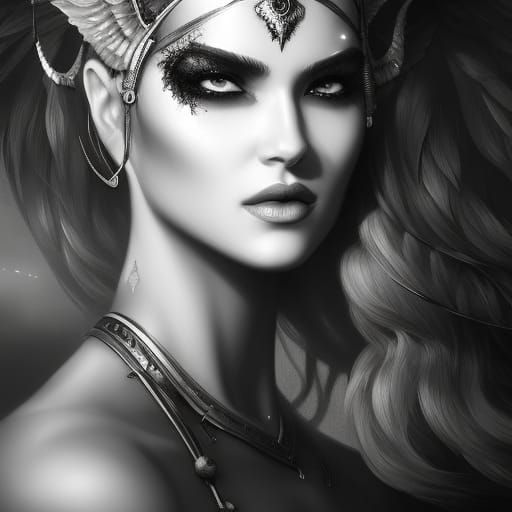 Detailed Tiefling Portrait in Black and White Ink