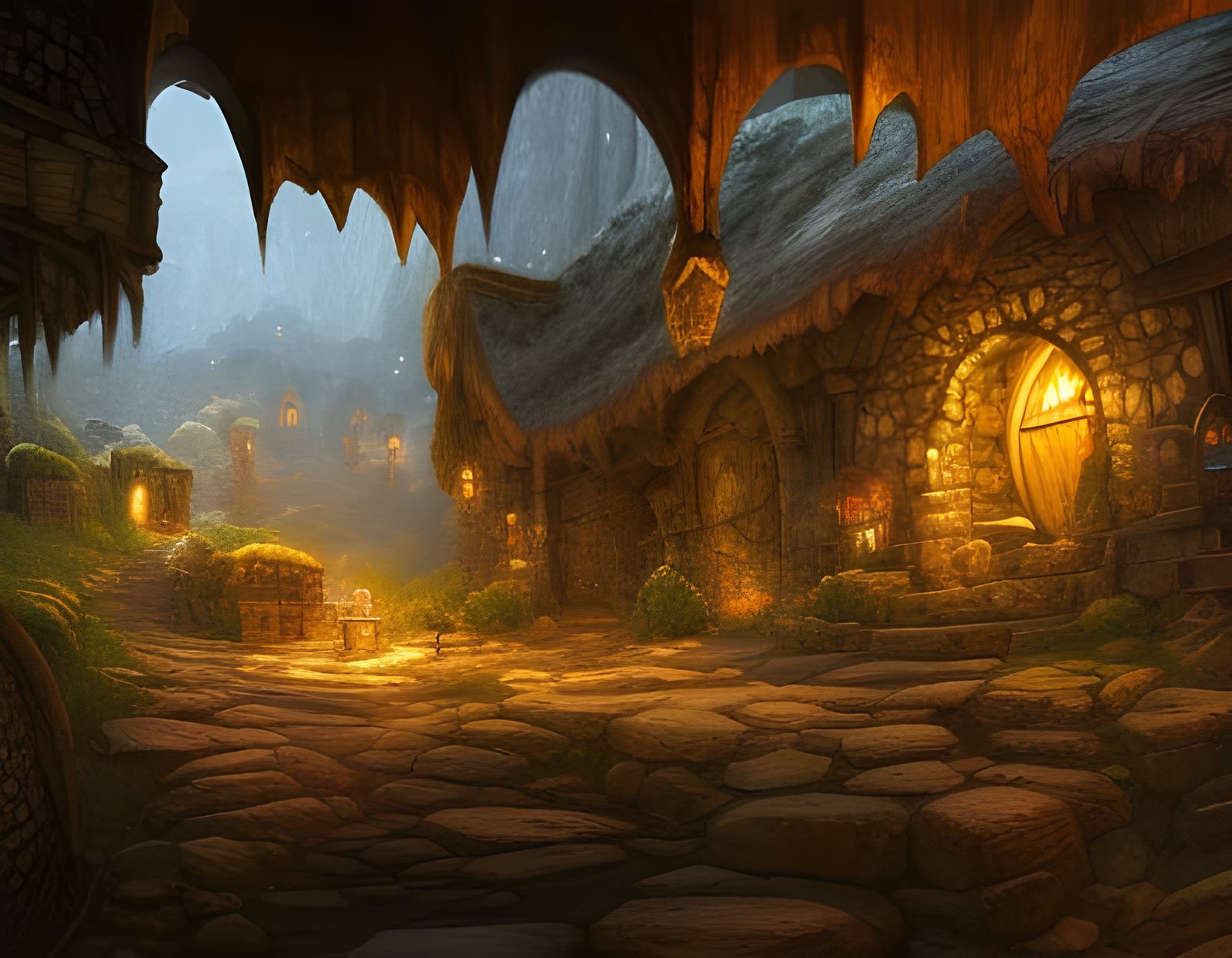 Quaint Dwarven Village in a Cavern: Epic Fantasy Art