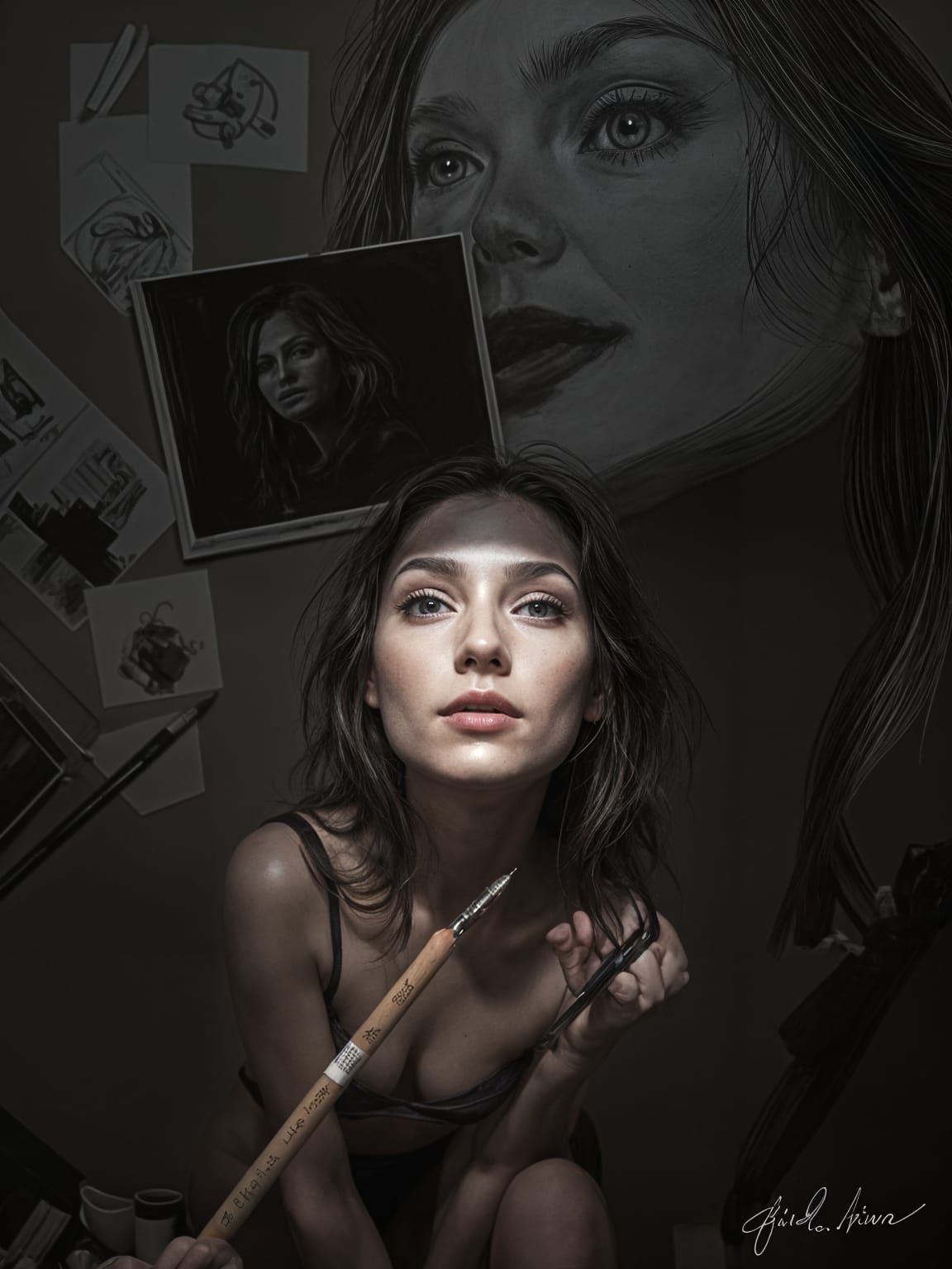 Woman Merging from Realism to Artistic Sketch Lines