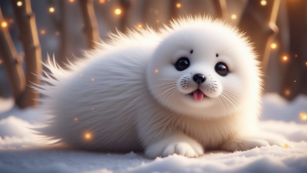 Adorable Harp Seal with Golden Halo, Digital Art