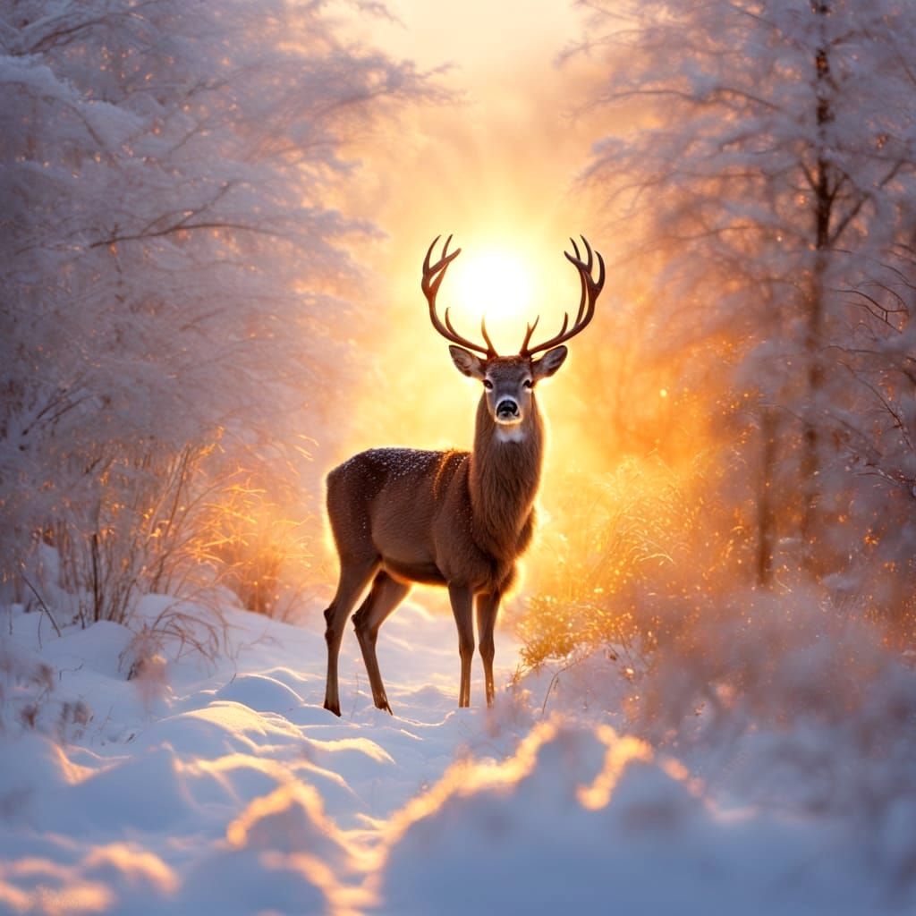 Opalescent Deer in Snowy Sunset Landscape