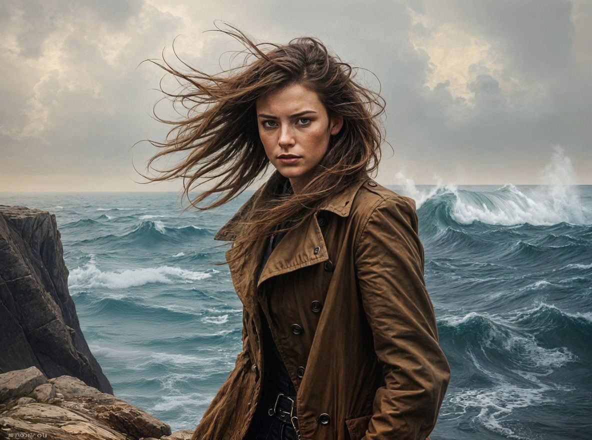Dramatic Oil Painting of Woman on Stormy Cliff