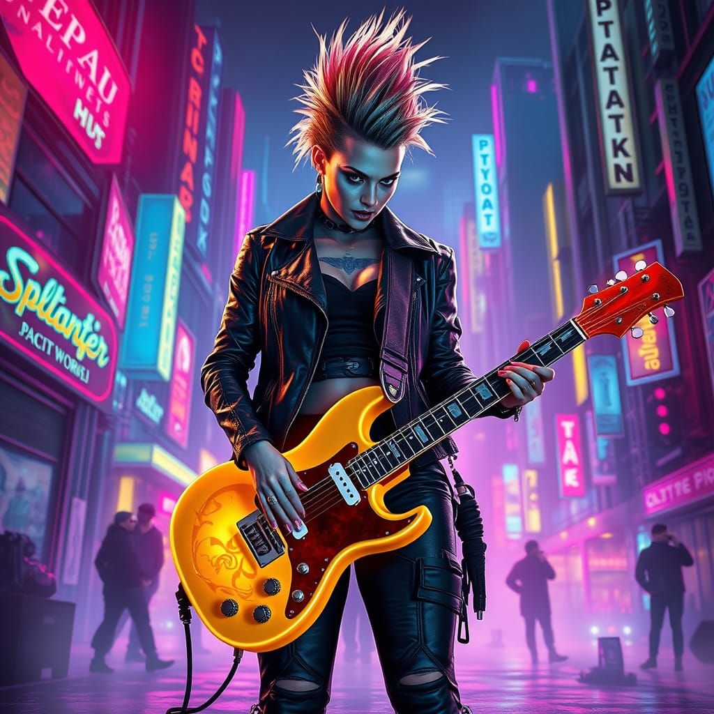 Cyberpunk Warrior Goddess with Electric Guitar in Dystopian ...
