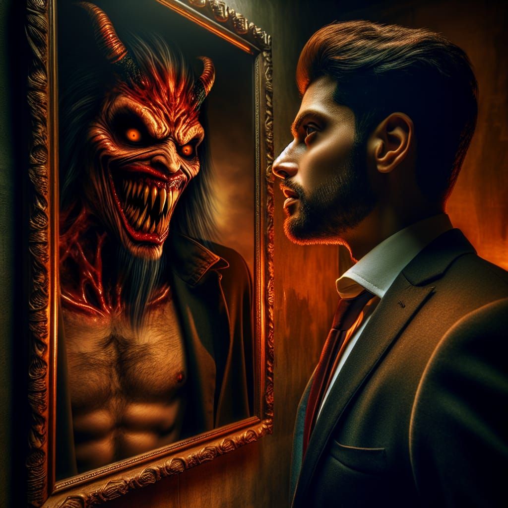 Horror: Man's Demonic Reflection in Vivid Colors