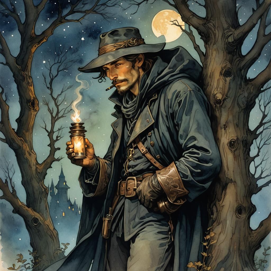 Mysterious Ranger in Steampunk Art Nouveau Style