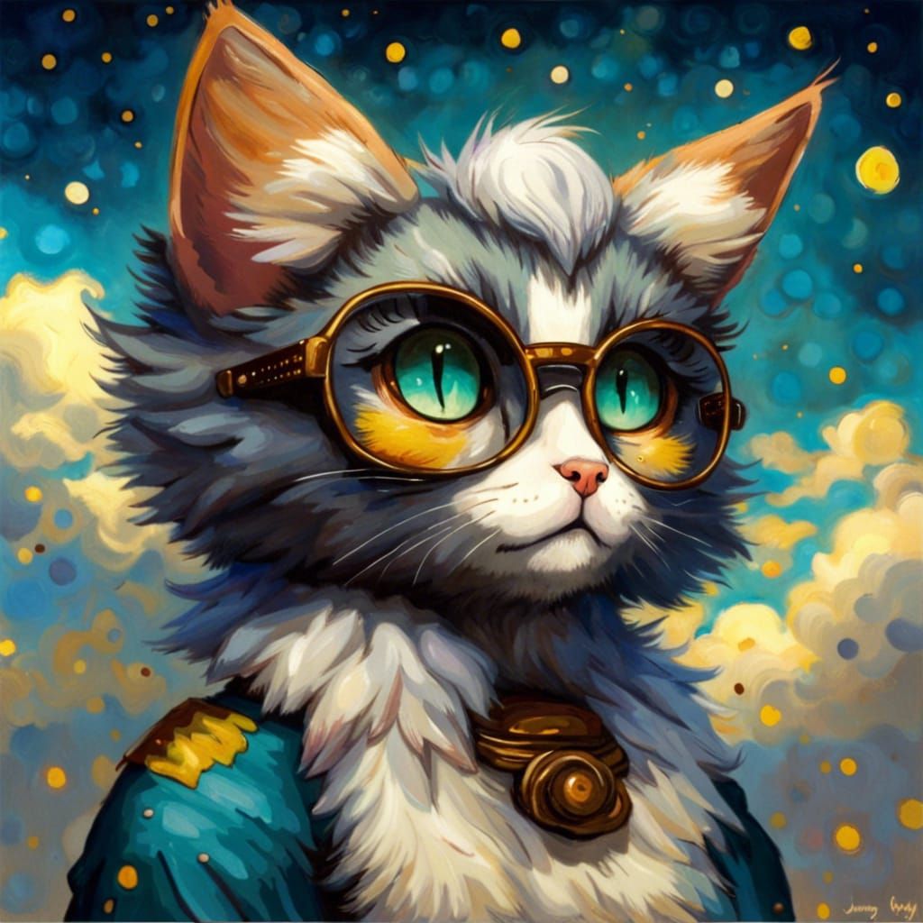 Anime Cat-Girl with Wings in Van Gogh Oil Style