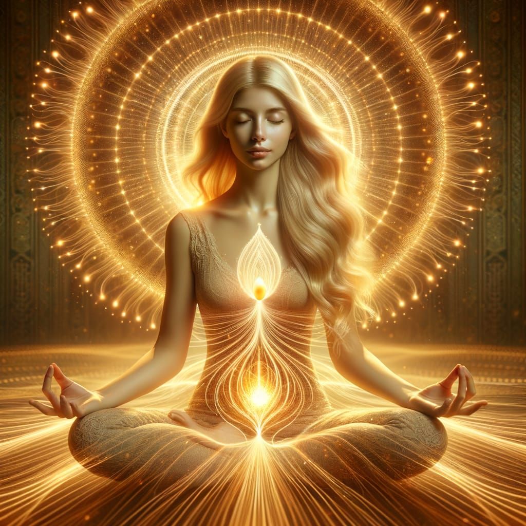 Serene Blonde Woman Meditating in Golden Light