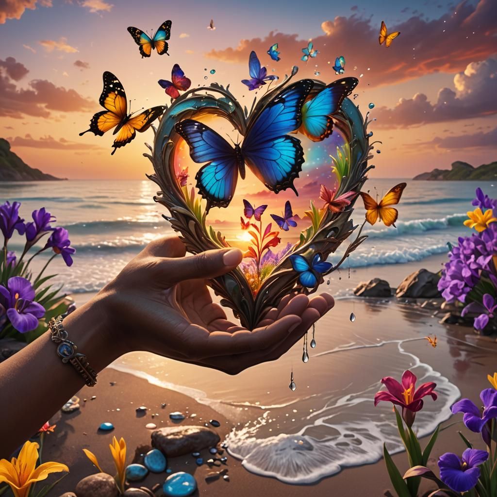 Hands Holding Heart with Iris and Butterfly