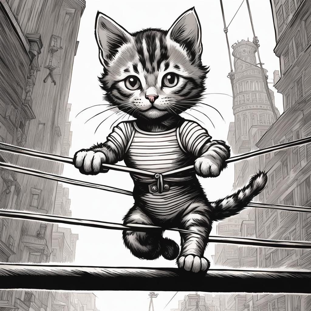 Tabby Kitten Tightrope Walker: Tenniel-Style Drawing