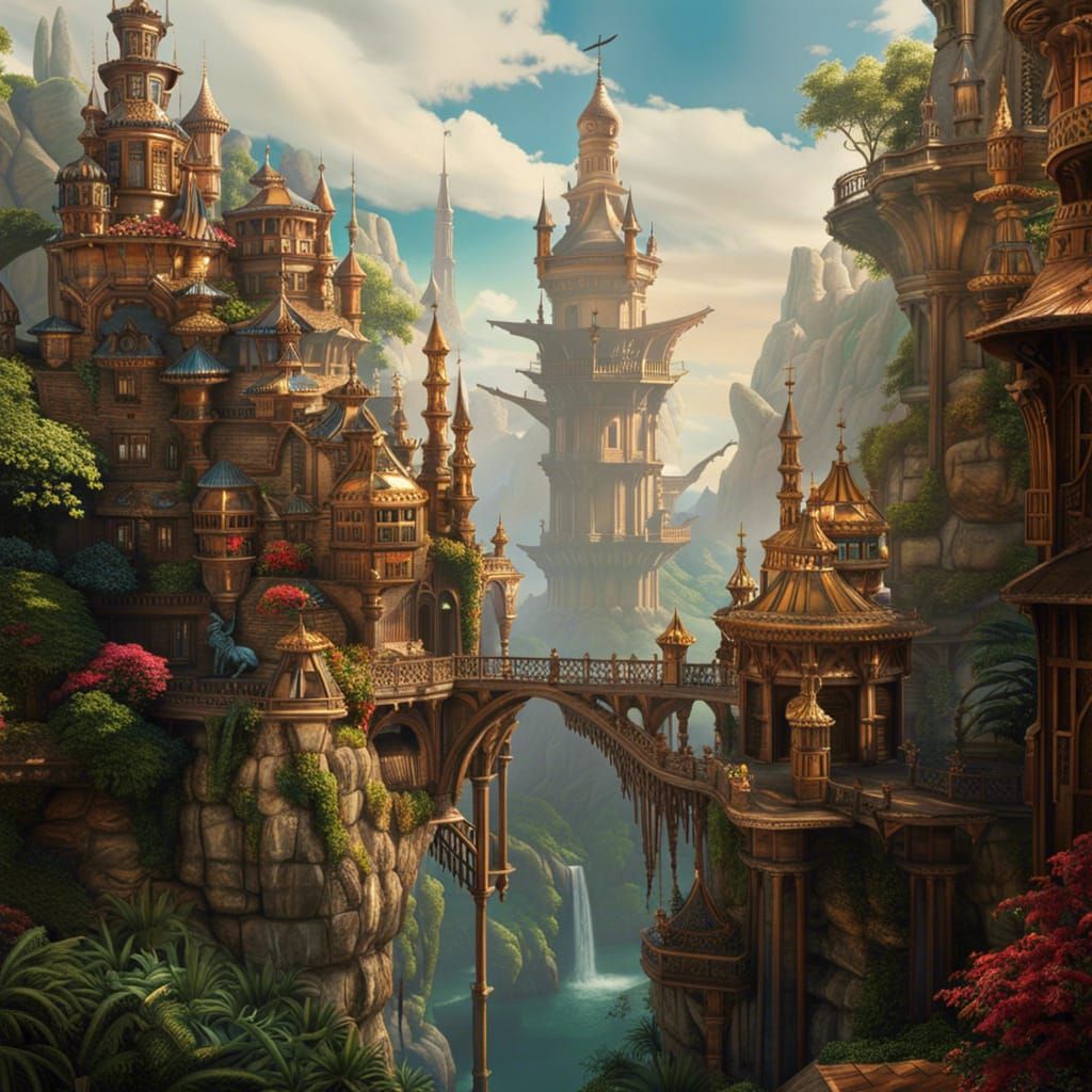 Fantasy Village: Winding Bridge in Photorealistic Style