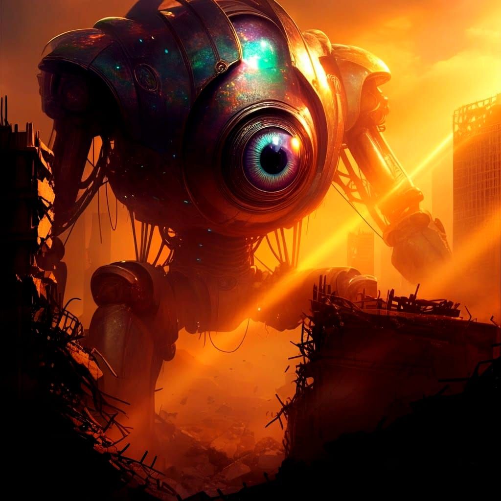 A giant 3D super mechanistic robot with a giant eye attatche...