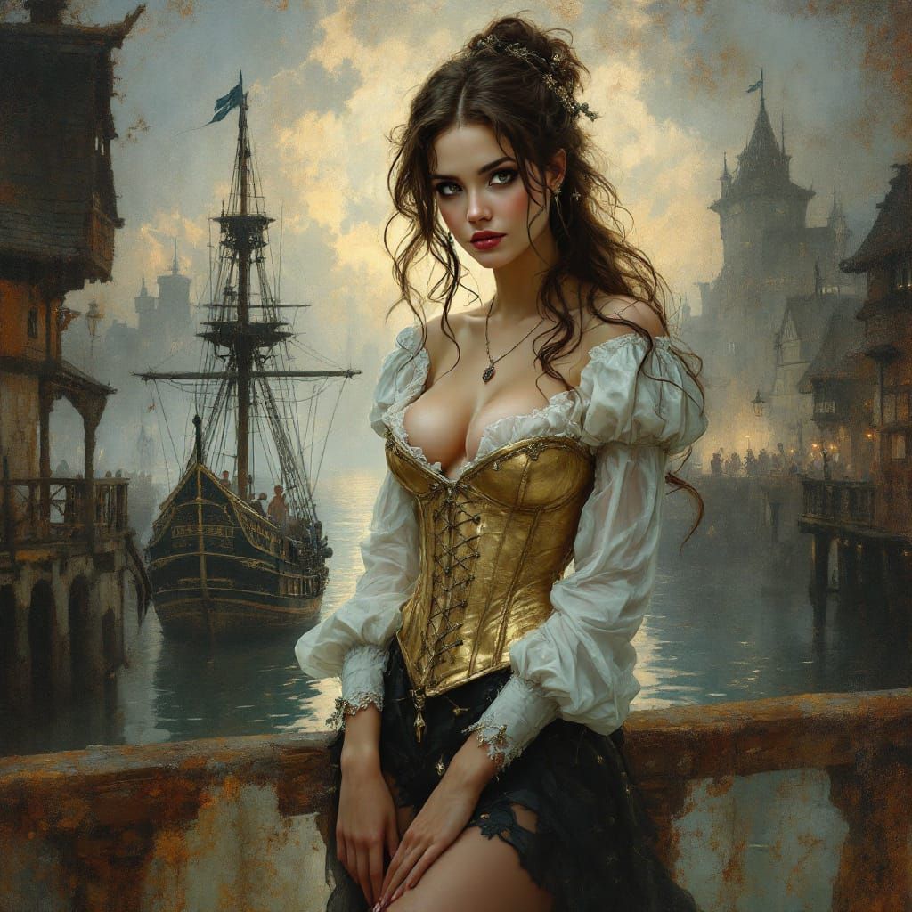 Pirate Woman Awaits Ship in Atmospheric Port