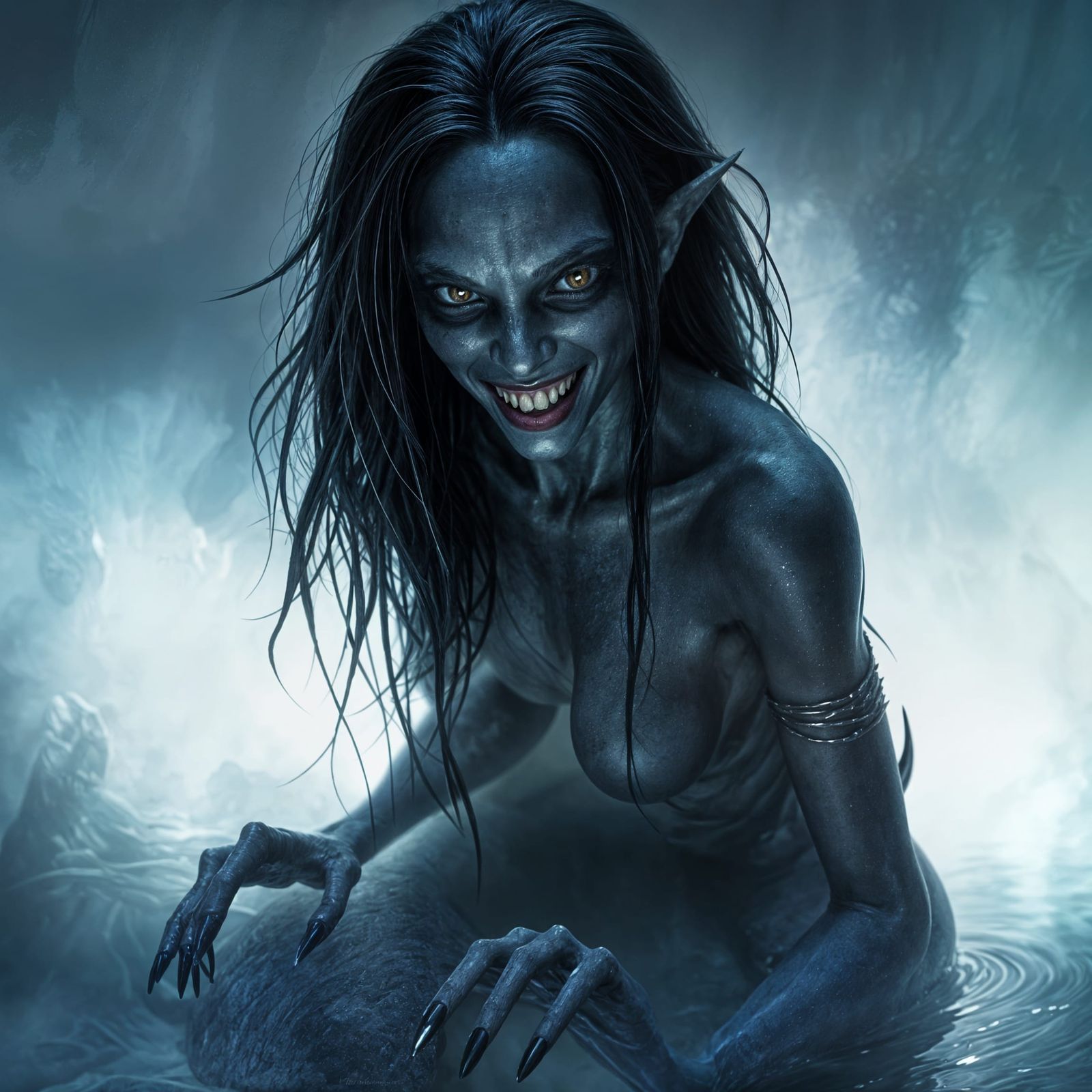 Detailed Gray-Skinned Mermaid with Sharp Teeth