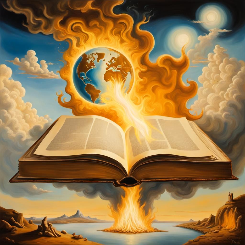 Burning Book Reveals Earth in Surrealist Painting