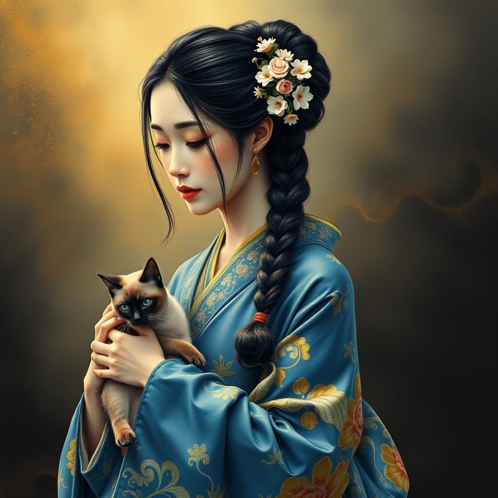 Japanese Woman with Cat in Photorealistic Watercolor