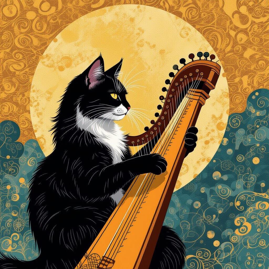 Celestial Cat Harpsichord in Klimt Gold Style