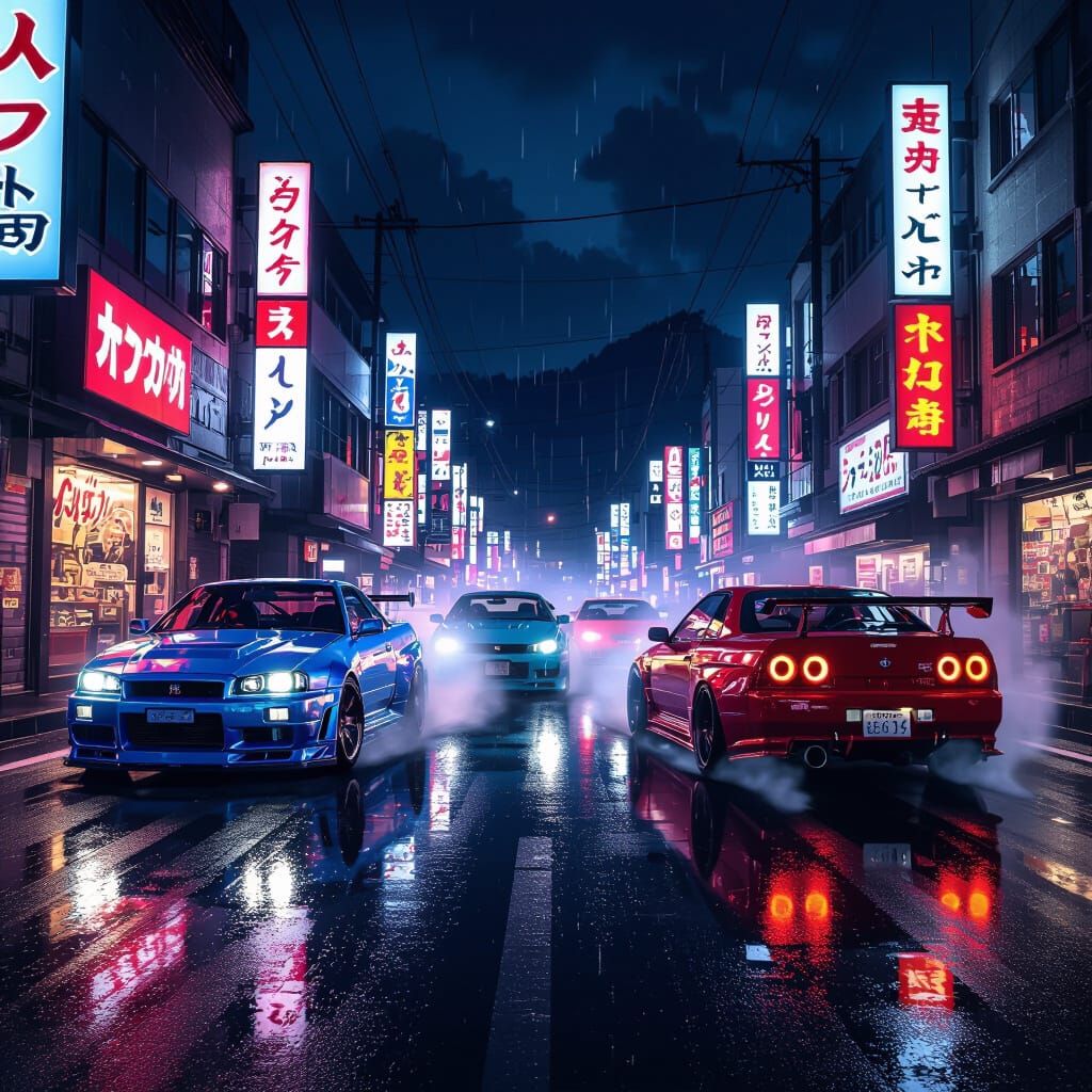 Iconic JDM Cars Drift at Night in Anime Style