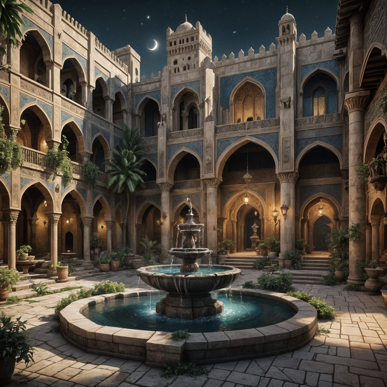 Arabian Palace Courtyard at Night, Detailed Matte Painting