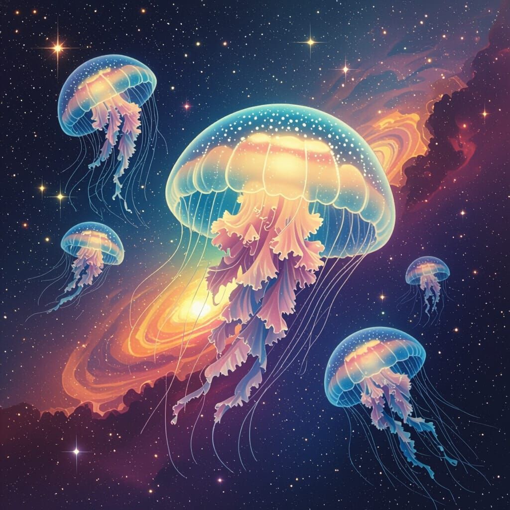 Rainbow Nebula Jellyfish in Digital Art Style