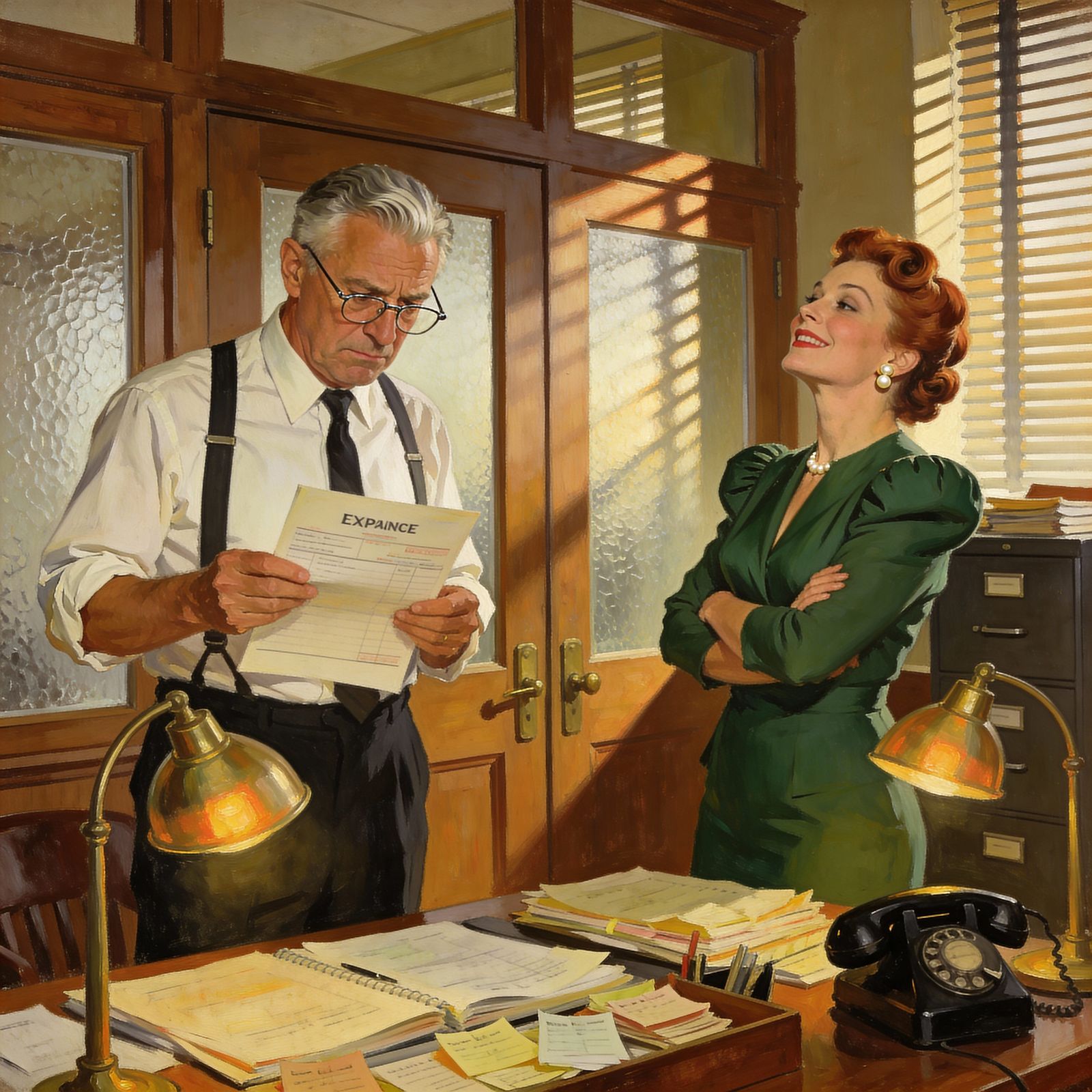 1940s Office Romance: Playful Dispute in Golden Age Style