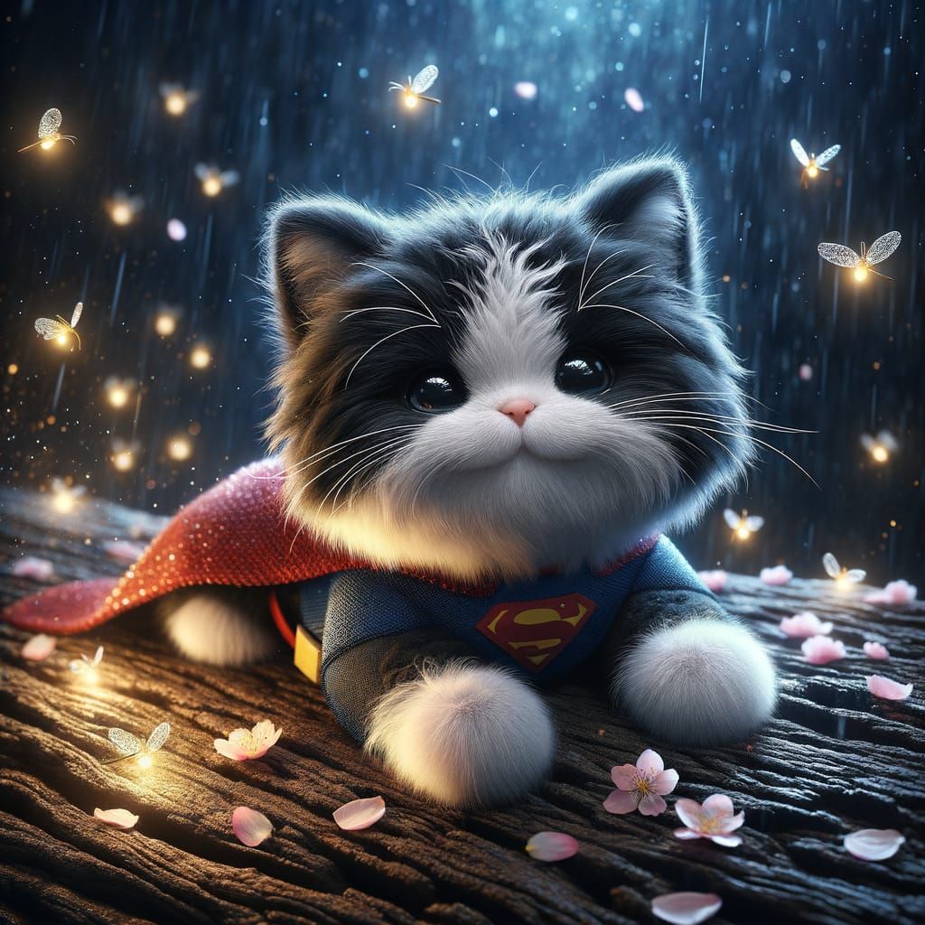 Cute Superhero Cat in Magical Night Scene